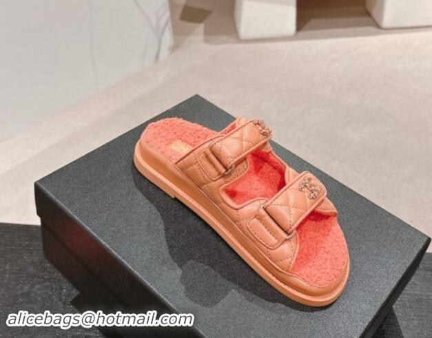 Buy Discount Chanel Quilted Calfskin & Shearling Wool Flat Slides Sandal with Chain CC Orange 121155