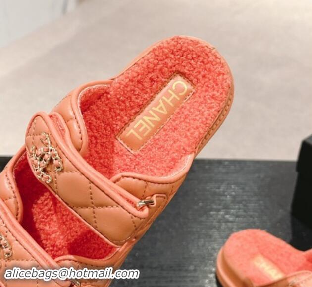 Buy Discount Chanel Quilted Calfskin & Shearling Wool Flat Slides Sandal with Chain CC Orange 121155