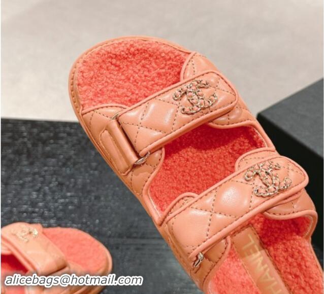 Buy Discount Chanel Quilted Calfskin & Shearling Wool Flat Slides Sandal with Chain CC Orange 121155