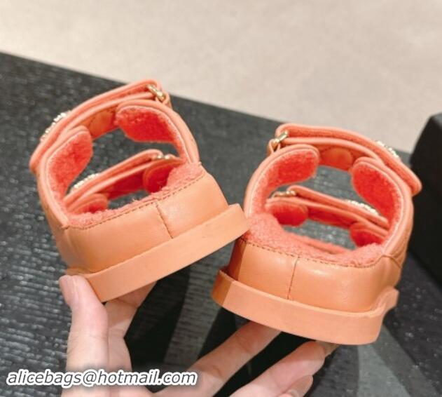 Buy Discount Chanel Quilted Calfskin & Shearling Wool Flat Slides Sandal with Chain CC Orange 121155