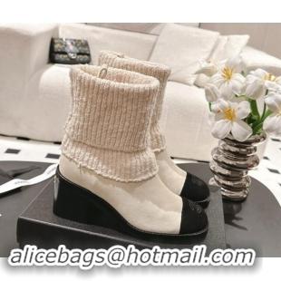 Best Grade Chanel Suede & Knit Ankle Boots White 121156