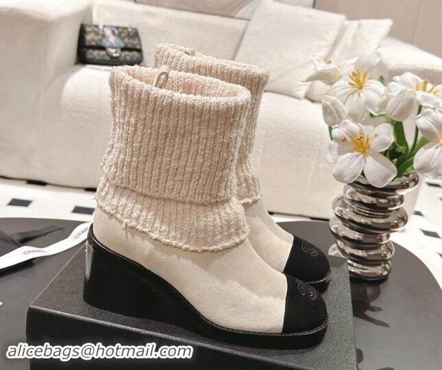 Best Grade Chanel Suede & Knit Ankle Boots White 121156