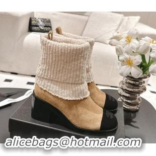 Grade Quality Chanel Suede & Knit Ankle Boots Beige 121157