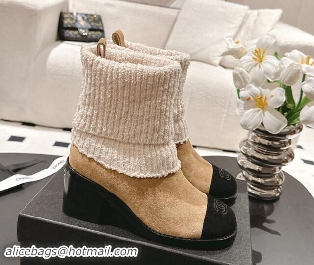 Grade Quality Chanel Suede & Knit Ankle Boots Beige 121157