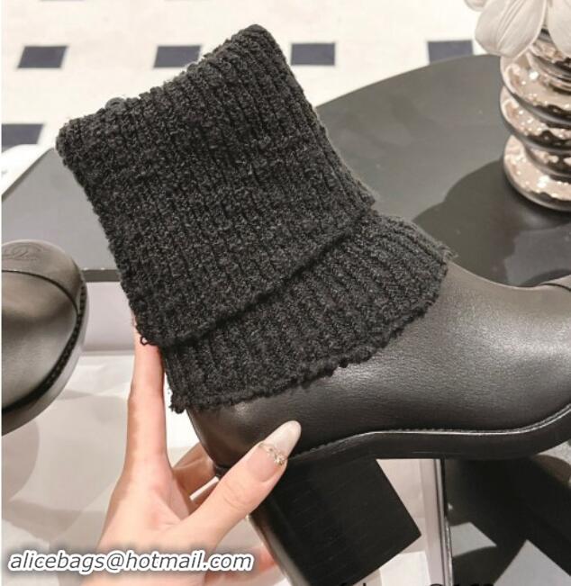 Top Grade Chanel Calfskin & Knit Ankle Boots Black 121158