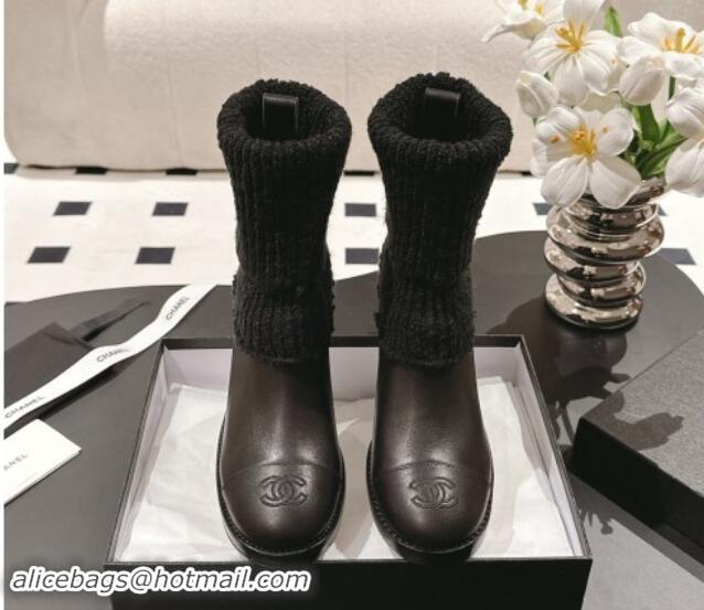 Top Grade Chanel Calfskin & Knit Ankle Boots Black 121158