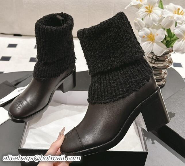 Top Grade Chanel Calfskin & Knit Ankle Boots Black 121158