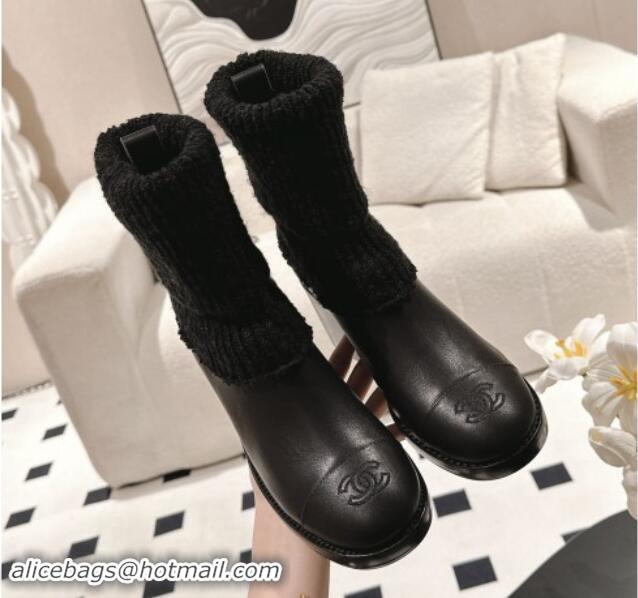 Top Grade Chanel Calfskin & Knit Ankle Boots Black 121158