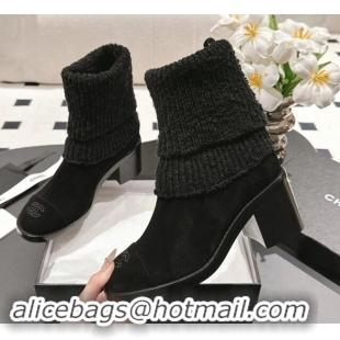 Good Looking Chanel Suede & Knit Ankle Boots Black 121159