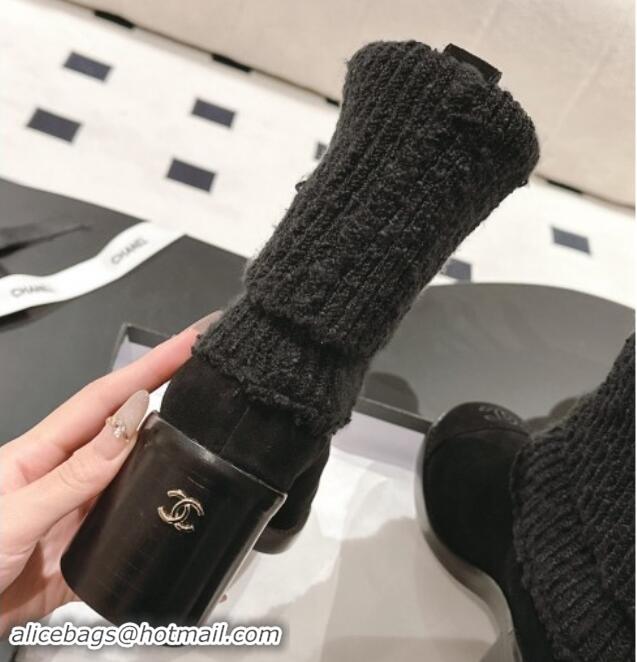 Good Looking Chanel Suede & Knit Ankle Boots Black 121159