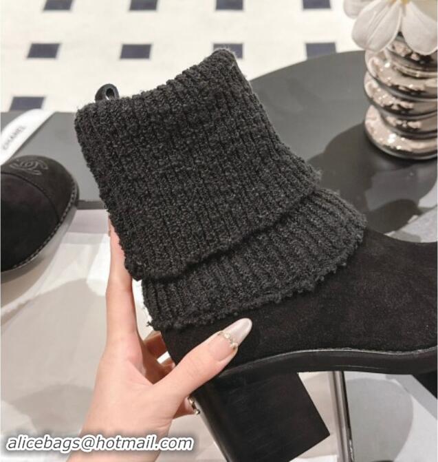 Good Looking Chanel Suede & Knit Ankle Boots Black 121159