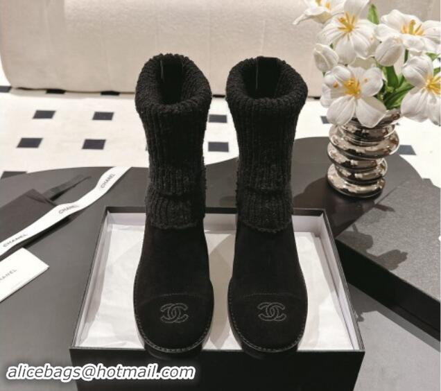 Good Looking Chanel Suede & Knit Ankle Boots Black 121159