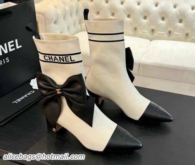 Cheap Price Chanel Knit Ankle Boots with Maxi Bow White 121160