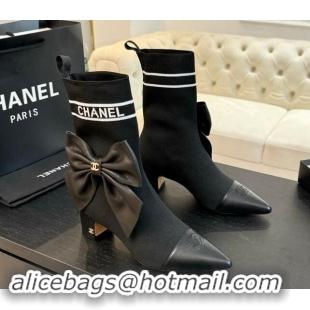 Luxury Cheap Chanel Knit Ankle Boots with Maxi Bow Black 1121162