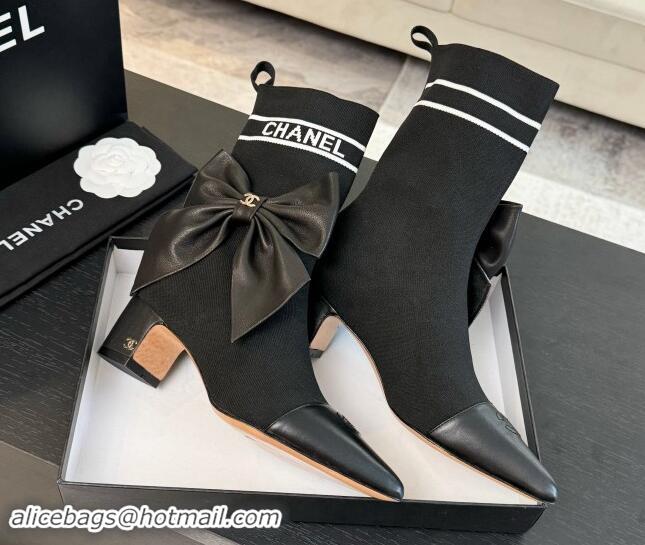 Luxury Cheap Chanel Knit Ankle Boots with Maxi Bow Black 1121162