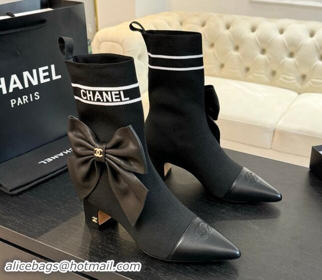 Luxury Cheap Chanel Knit Ankle Boots with Maxi Bow Black 1121162