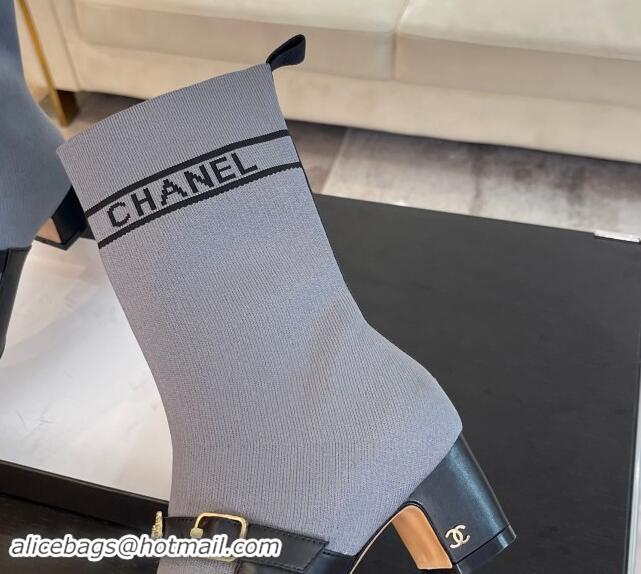 Top Design Chanel Knit Ankle Boots with Charm Buckle Strap Grey 1121164