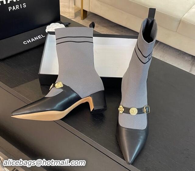 Top Design Chanel Knit Ankle Boots with Charm Buckle Strap Grey 1121164