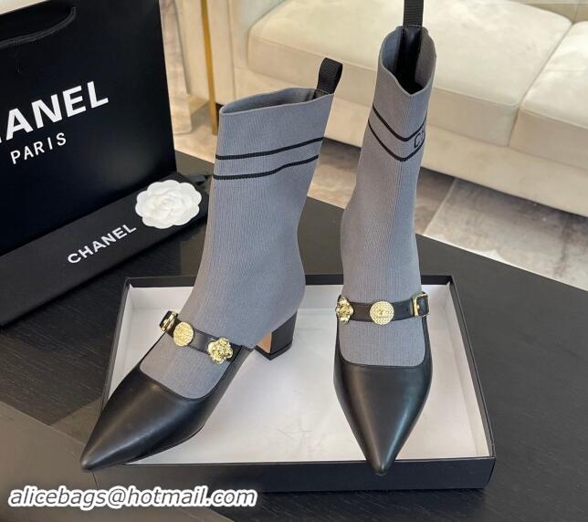 Top Design Chanel Knit Ankle Boots with Charm Buckle Strap Grey 1121164