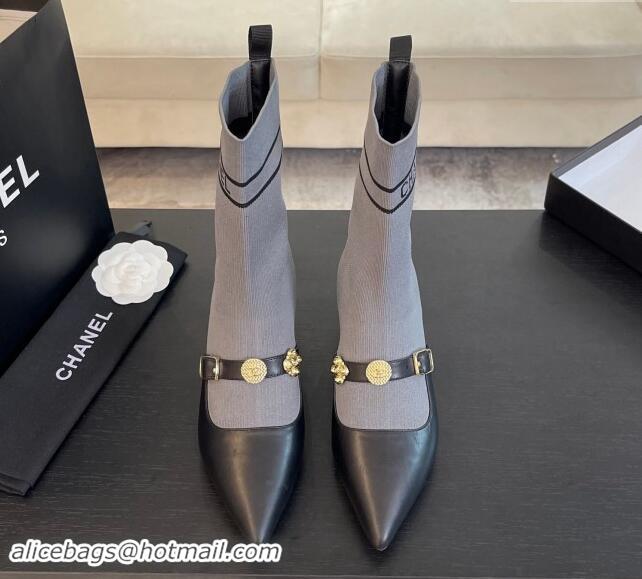 Top Design Chanel Knit Ankle Boots with Charm Buckle Strap Grey 1121164