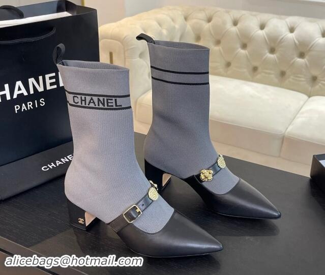 Top Design Chanel Knit Ankle Boots with Charm Buckle Strap Grey 1121164