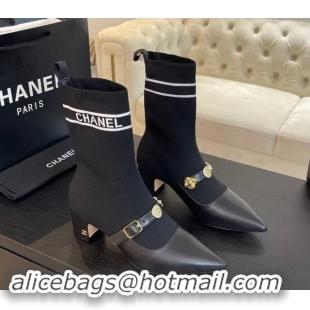 Durable Chanel Knit Ankle Boots with Charm Buckle Strap Black 121165