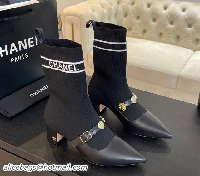 Durable Chanel Knit Ankle Boots with Charm Buckle Strap Black 121165