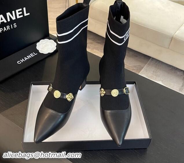 Durable Chanel Knit Ankle Boots with Charm Buckle Strap Black 121165