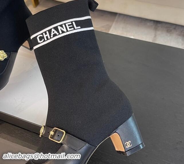 Durable Chanel Knit Ankle Boots with Charm Buckle Strap Black 121165