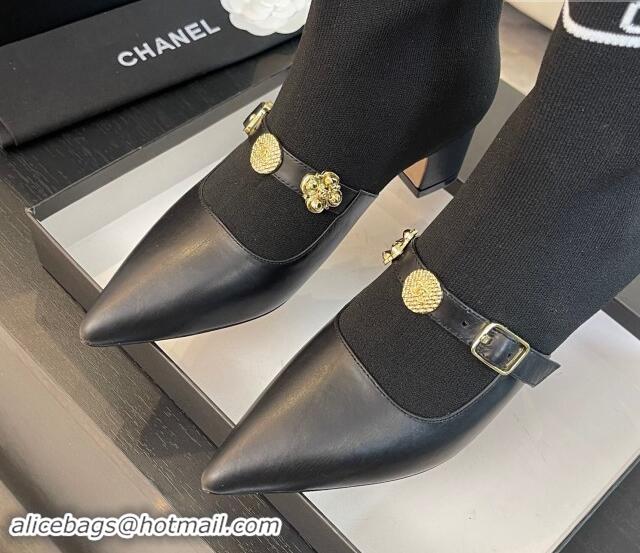 Durable Chanel Knit Ankle Boots with Charm Buckle Strap Black 121165