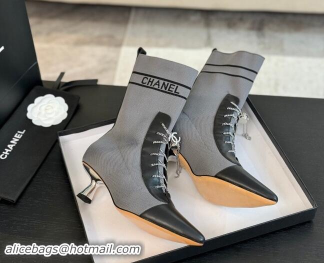 Popular Style Chanel Knit Ankle Boots with Chain Laces Grey 121166