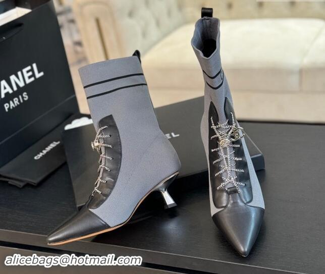 Popular Style Chanel Knit Ankle Boots with Chain Laces Grey 121166