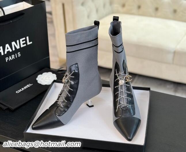 Popular Style Chanel Knit Ankle Boots with Chain Laces Grey 121166