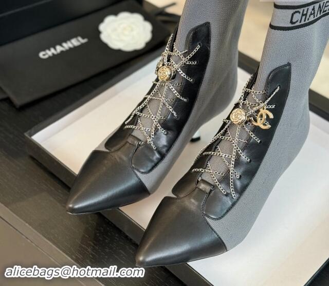 Popular Style Chanel Knit Ankle Boots with Chain Laces Grey 121166