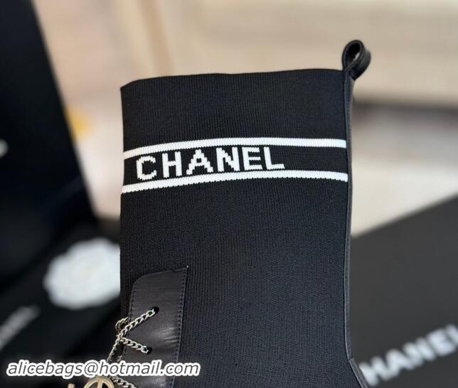 Most Popular Chanel Knit Ankle Boots with Chain Laces Black 121167