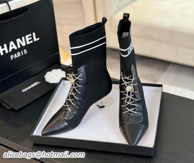 Most Popular Chanel Knit Ankle Boots with Chain Laces Black 121167