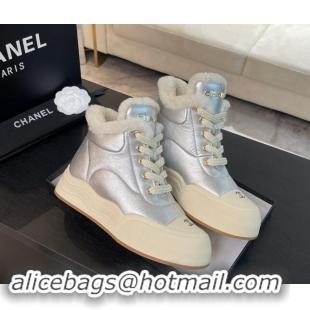 Best Product Chanel Calfskin & Fur Sneaker Ankle Boots Silver 121169