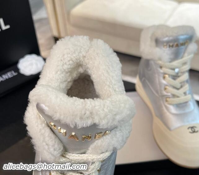 Best Product Chanel Calfskin & Fur Sneaker Ankle Boots Silver 121169