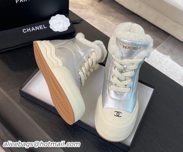 Best Product Chanel Calfskin & Fur Sneaker Ankle Boots Silver 121169