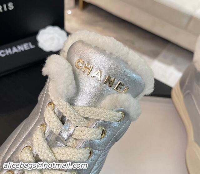 Best Product Chanel Calfskin & Fur Sneaker Ankle Boots Silver 121169