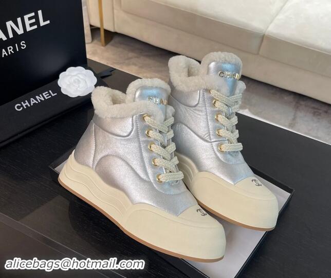 Best Product Chanel Calfskin & Fur Sneaker Ankle Boots Silver 121169