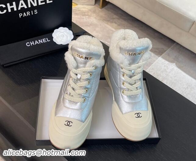 Best Product Chanel Calfskin & Fur Sneaker Ankle Boots Silver 121169