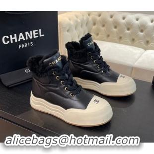 Hot Style Chanel Calfskin & Fur Sneaker Ankle Boots Black 121170