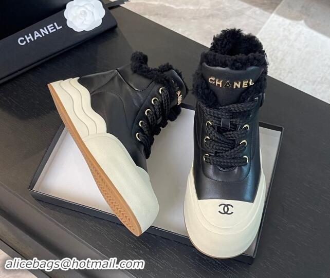 Hot Style Chanel Calfskin & Fur Sneaker Ankle Boots Black 121170