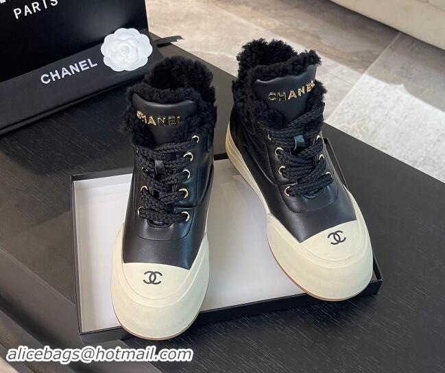 Hot Style Chanel Calfskin & Fur Sneaker Ankle Boots Black 121170