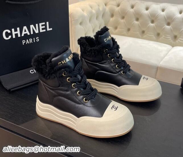 Hot Style Chanel Calfskin & Fur Sneaker Ankle Boots Black 121170