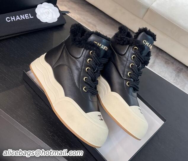 Hot Style Chanel Calfskin & Fur Sneaker Ankle Boots Black 121170