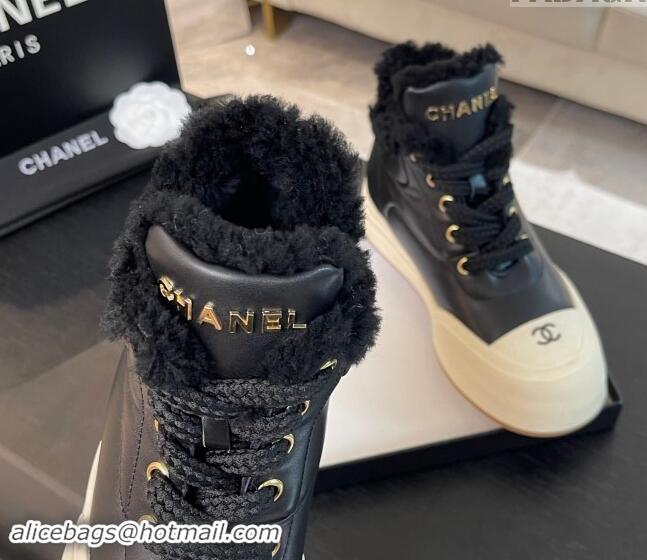 Hot Style Chanel Calfskin & Fur Sneaker Ankle Boots Black 121170