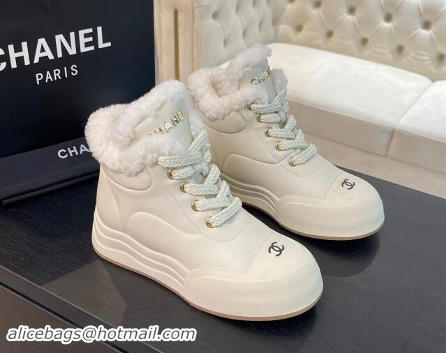 Luxury Discount Chanel Calfskin & Fur Sneaker Ankle Boots White 121171