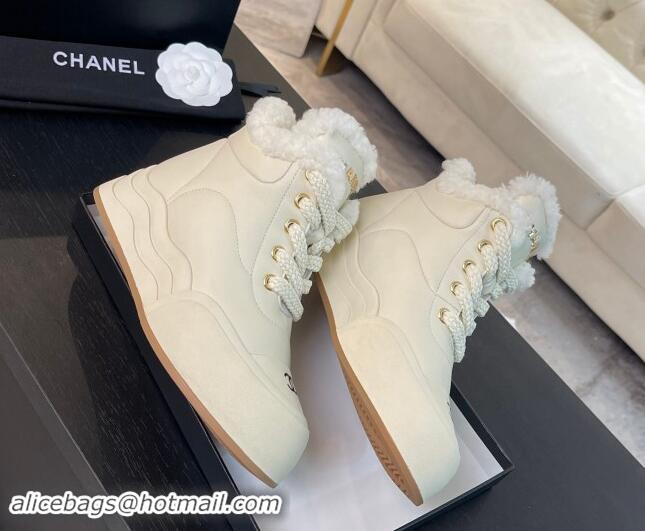 Luxury Discount Chanel Calfskin & Fur Sneaker Ankle Boots White 121171